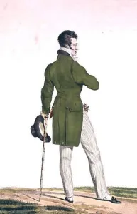 N/A. A Dandy with a Francois I hairstyle and a collection of charms and trinkets, plate 3 in the Incroyable et merveilleuses series of fashion