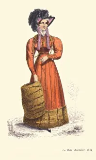 N/A. English: Fashion plate of a fur-trimmed carriage dress, 1824. December 1824. Unknown 28 1824 laver coral