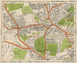 Highgate Prints: N LONDON. East Finchley Muswell Hill Highgate Crystal Palace. BACON, 1938 map
