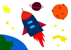 Childlike Prints: Naive illustration, children drawing, rocket flying in space