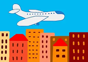 Childlike Prints: Naive illustration, children drawing, passenger plane flying over skyscrapers