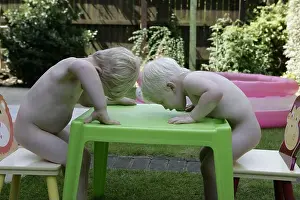 Siblings Prints: Naked brothers, young male blonde toddler children play at table in garden during English summer sunshine heatwave