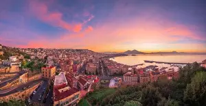 Naples, Italy aerial skyline on the bay with Mt. Vesuvius at dawn