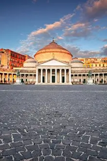 Naples, Italy. Cityscape image of Naples, Italy with the view of large public town square Piazza del Plebiscito at sunrise