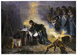 Encampment Prints: Napoleon in camp in Bautzen, Saxony (Germany), May 10, 1813. Hand-colored woodcut