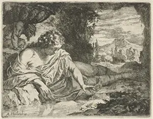 Narcissus Prints: Narcissus, Arnold Houbraken, 1688 - 1700 print Narcissus looks in a cave at his own reflection in the water