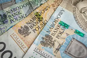 Wage Prints: Narodowy bank Polski sign on Banknote economy in Poland inflation concept