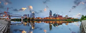 Nashville Tennessee Prints: Nashville, Tenessee, USA downtown city skyline on the Cumberland River at twilight
