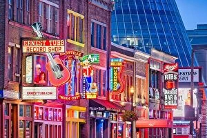 Townscape Collection: NASHVILLE, TENNESSEE - AUGUST 20, 2018: Honky-tonks on Lower Broadway