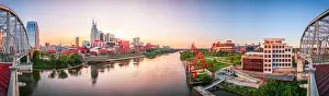 Nashville, Tennessee, USA downtown city skyline at dusk on the Cumberland River