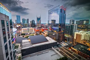 Nashville Tennessee Prints: Nashville, Tennessee, USA downtown cityscape and rooftop views at dusk