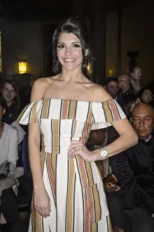 Modelling Prints: Natalie Anderson on the front row during the Ashley Isham Autumn/ Winter 2016 London Fashion Week show