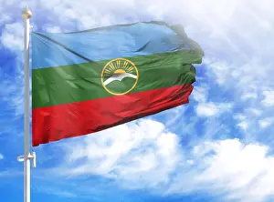 Attribute Prints: National flag of Karachay Cherkessia on a flagpole in front of blue sky