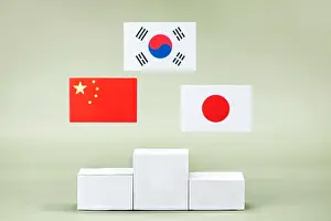Ranking Prints: National flags of Korea, Japan and China and victory stand