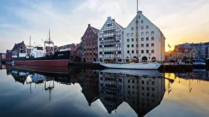 Riverfront Prints: National Maritime Museum and Sołdek ship at sunrise, Gdansk, Poland