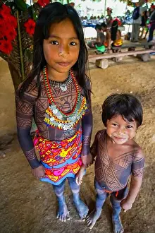 Thatched House Prints: Native Embera Children playing at the Embera Puru Village in Panama