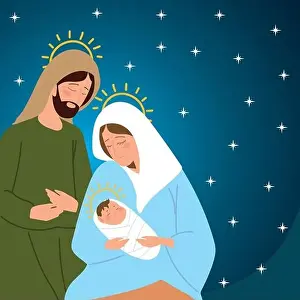 Bethlehem Prints: nativity joseph mary baby jesus manger and stars background vector illustration
