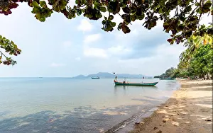 Daybreak Prints: Natural landscape of rabbit island in Kep Beach Cambodia with rocks leaves