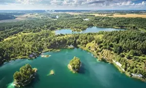 Green Lake Prints: Natural panoramic lake background aerial drone view