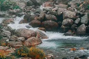 Brook Prints: Natural spring water flowing from the mountains. Stream and stones