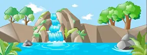 Landform Prints: Nature scene with waterfall and river illustration