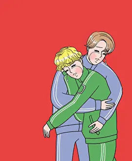 Embracing Prints: Two NEET men gloomy hugging crying