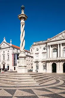 Pombaline Prints: Neo-classical Lisbon City Hall and the ornate spiral pillory column at Praça do Município