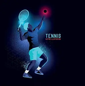 Racket Prints: Neon glowing backlit silhouette of professional tennis player about to serve - vector illustration