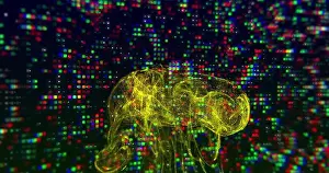 Pixelated Prints: Neon yellow jellyfish image over colorful pixelated digital background