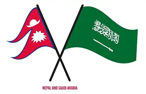 Flag Waving Prints: Nepal and Saudi Arabia Flags Crossed And Waving Flat Style