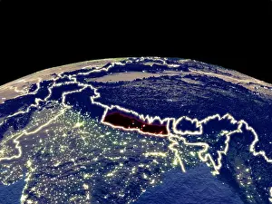 City Lights Prints: Nepal from space on planet Earth at night with bright city lights