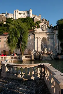Salzburg Prints: Neptune fountain on Kapitelplatz, square, with Fortress, Salzburg, Austria