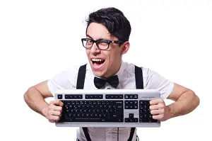 White Work Prints: Nerd hacker with computer keyboard on white