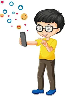Boyhood Prints: Nerdy boy using smartphone with social media emoji icon cartoon style isolated on white background illustration