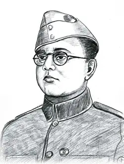 Partial View Prints: Netaji subhash chandra bose sketch, india, asia