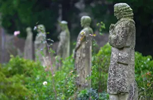 Lichen Prints: NETHER SWELL MANOR STOW ON THE WOLD GLOUCESTERSHIRE STATUES IN SUNKEN GARDEN NEAREST CAMERA IS LINNAEUS AN 18TH CENTURY