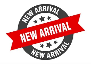 Peeler Prints: new arrival sign. round isolated sticker. ribbon tag