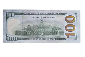 Ben Franklin Prints: Back of new one hundred dollar bill isolated