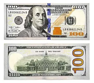 Paying Prints: New one hundred dollar bill isolated on white background, American money two side close up