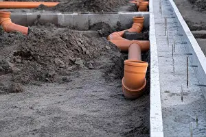 Sanitary Prints: New Installed pipework system. Sewer Line developed and mounted on the construction site