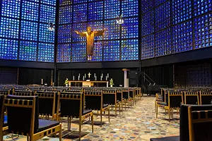 Inlay Prints: New Kaiser Wilhelm Memorial Church interior with crucifix and stained glass inlays