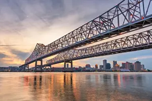 Mississippi River Prints: New Orleans, Louisiana, USA at Crescent City Connection Bridge over the Mississippi River at dusk