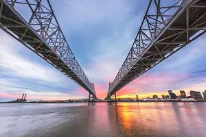 Mississippi Prints: New Orleans, Louisiana, USA downtown skyline on the Mississippi River below the Crescent City Connection Bridge
