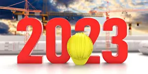 Hardhat Prints: New year 2023 red number on Architect engineer construction site office. 3d render