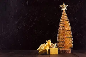 Cozy Prints: New Year festive interior with gold christmas tree and decoration - balls