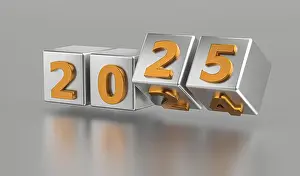 Flip Prints: New year holiday concept. Cubes with number 2025 replace 2024. 3d illustration