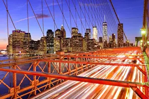 New York City financial district cityscape from the Brooklyn Bridge