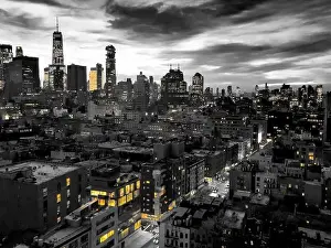 Soho Prints: New York City skyline view at night with yellow lights contrasted against the black