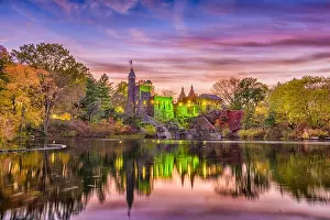 Belvedere Prints: New York, New York at Central Park's castle and pond during an autumn dusk
