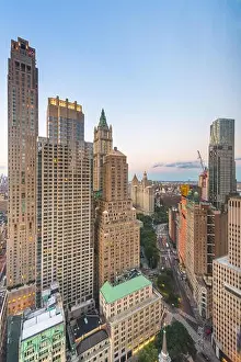 New York, New York, USA cityscape over Broadway in Lower Manhattan at twilight